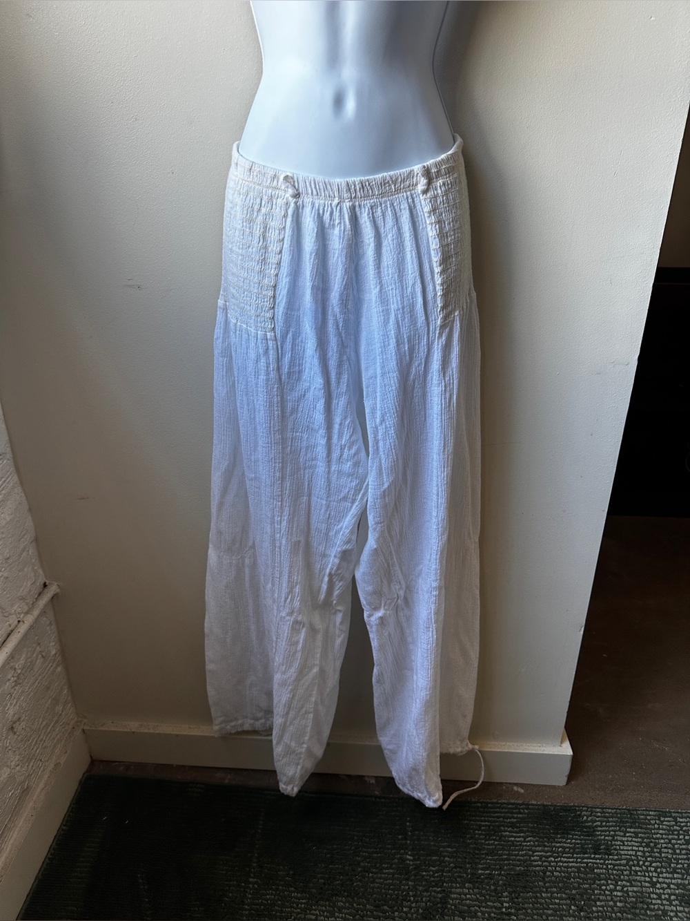 Women’s White Gauze Linen Blend Wide Leg Beach Pants Boho Resort Summer Pull On